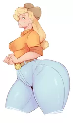 Size: 1538x2584 | Tagged: applebucking thighs, applebutt, applejack, artist:sundown, ass, boots, bottom heavy, breasts, clothes, cowboy hat, derpibooru import, extra thicc, female, freckles, hat, high heel boots, huge butt, human, humanized, jacqueline applebuck, jeans, large butt, pants, shirt, shoes, simple background, solo, solo female, stetson, suggestive, the ass was fat, thick, thunder thighs, tooth gap, wide hips