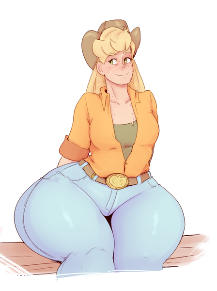 Size: 1576x2112 | Tagged: applebucking thighs, applebutt, applejack, artist:sundown, ass, boots, bottom heavy, breasts, clothes, cowboy hat, derpibooru import, extra thicc, female, freckles, hat, high heel boots, huge butt, human, humanized, jacqueline applebuck, jeans, large butt, pants, scar, shirt, shoes, simple background, smiling, solo, solo female, stetson, suggestive, the ass was fat, thick, thunder thighs, wide hips