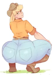 Size: 1842x2526 | Tagged: applebucking thighs, applebutt, applejack, artist:sundown, ass, boots, bottom heavy, breasts, clothes, cowboy hat, derpibooru import, extra thicc, female, freckles, hat, high heel boots, huge butt, human, humanized, jacqueline applebuck, jeans, large butt, pants, shirt, shoes, simple background, solo, solo female, squatting, stetson, suggestive, the ass was fat, thick, thunder thighs, wide hips