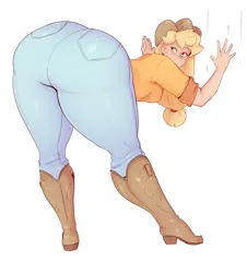 Size: 2170x2400 | Tagged: applebucking thighs, applebutt, applejack, artist:sundown, ass, boots, bottom heavy, breasts, clothes, cowboy hat, derpibooru import, extra thicc, female, freckles, hat, high heel boots, huge butt, human, humanized, jacqueline applebuck, jeans, large butt, pants, shirt, shoes, simple background, solo, solo female, stetson, suggestive, the ass was fat, thick, thunder thighs, wide hips