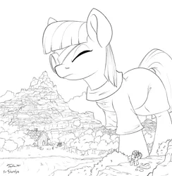 Size: 1200x1230 | Tagged: safe, artist:tsitra360, derpibooru import, maud pie, pinkie pie, earth pony, pony, clothes, dress, duo, female, giant pony, house, macro, magnifying glass, mare, monochrome, mountain, mouth hold, one eye closed, pickaxe, river, size difference, tree