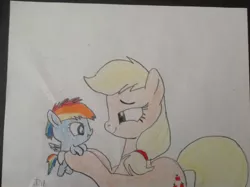 Size: 2592x1936 | Tagged: safe, artist:iron-hooved, derpibooru import, applejack, rainbow dash, pony, age regression, baby, baby dash, baby pony, cute, daaaaaaaaaaaw, hatless, hoof hold, iron-hooved is trying to murder us, missing accessory, traditional art