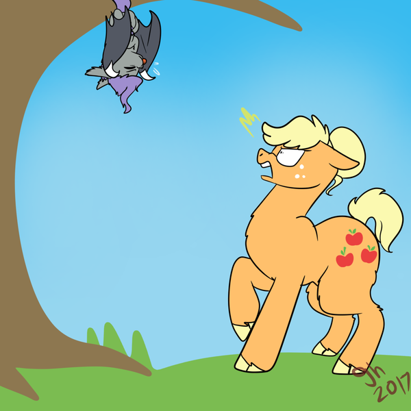 Size: 1024x1024 | Tagged: safe, artist:gale-hardy, derpibooru import, applejack, oc, oc:vesperus rhopalocera, bat pony, earth pony, pony, colt, duo, female, hanging, hanging upside down, male, mare, next generation, offspring, parent:fluttershy, story included, tongue out, tree