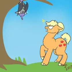 Size: 1024x1024 | Tagged: safe, artist:gale-hardy, derpibooru import, applejack, oc, oc:vesperus rhopalocera, bat pony, earth pony, pony, colt, duo, female, hanging, hanging upside down, male, mare, next generation, offspring, parent:fluttershy, story included, tongue out, tree