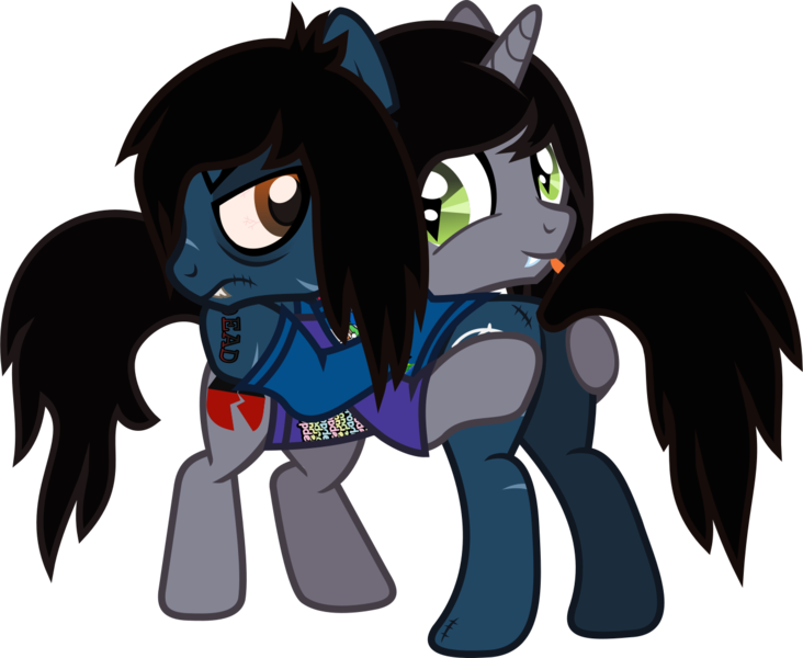 Size: 1413x1159 | Tagged: safe, artist:lightningbolt, derpibooru import, ponified, ponified:kellin quinn, ponified:oliver sykes, earth pony, pony, undead, unicorn, zombie, zombie pony, .svg available, angry, bags under eyes, bipedal, bipedal leaning, bloodshot eyes, bring me the horizon, butt touch, clothes, colored pupils, disguised siren, drop dead clothing, fangs, gay, glascow smile, hoof on butt, horn, hug, leaning, long sleeved shirt, looking at each other, male, plot, scar, shipping, shirt, simple background, sleeping with sirens, slit eyes, smile. tattoo, stallion, stitches, svg, t-shirt, tongue out, transparent background, trap, vector