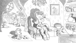 Size: 1280x720 | Tagged: semi-grimdark, artist:artattax, derpibooru import, starlight glimmer, sunburst, sunset shimmer, alcohol, baby, beer, black and white, book, bookshelf, bucket, chair, chips, cooking, couch, crying, dishes, female, food, grayscale, male, marriage, monochrome, mop, nachos, oven, parchment, plushie, shipping, sink, sketch, smoke, starburst, straight, sunset shimmer is starlight glimmer's daughter, television