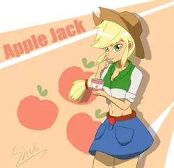 Size: 2411x2331 | Tagged: safe, artist:shidodo, derpibooru import, applejack, equestria girls, belly button, belt, clothes, cowboy hat, cup, cute, denim skirt, eating, female, food, freckles, hat, midriff, moe, short shirt, skirt, stetson