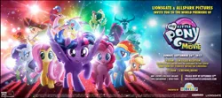 Size: 1875x833 | Tagged: safe, derpibooru import, applejack, capper dapperpaws, captain celaeno, fluttershy, grubber, pinkie pie, princess skystar, queen novo, rainbow dash, rarity, songbird serenade, spike, storm king, tempest shadow, twilight sparkle, twilight sparkle (alicorn), abyssinian, alicorn, anthro, dragon, earth pony, pegasus, pony, seapony (g4), unicorn, my little pony: the movie, advertisement, anthro with ponies, broken horn, contest, contest entry, early screening, female, headworn microphone, horn, mane seven, mane six, mare, movie, my little pony logo, new york, new york city, september