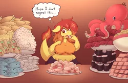 Size: 5100x3300 | Tagged: anthro, artist:nekocrispy, belly button, breasts, buffet, chinese food, chubby, clam, clothes, commission, derpibooru import, dracony, female, fish, food, french fries, hybrid, lobster, oc, oc:flamespitter, octopus, plump, safe, seafood, sequence, shrimp, sitting, solo, sushi, this will end in weight gain, this will end with gout, unofficial characters only, weight gain