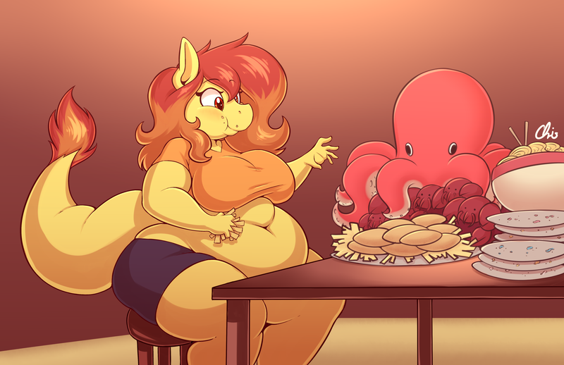 Size: 5100x3300 | Tagged: anthro, artist:nekocrispy, belly button, breasts, buffet, chubby, clothes, commission, derpibooru import, dracony, fat, female, food, hybrid, obese, oc, oc:flamespitter, safe, seafood, sequence, sitting, solo, unofficial characters only, weight gain, weight gain sequence