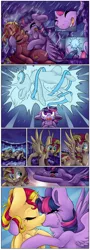 Size: 4961x13754 | Tagged: safe, artist:cutepencilcase, derpibooru import, sunset shimmer, twilight sparkle, twilight sparkle (alicorn), ponified, alicorn, pony, absurd resolution, alicornified, beauty and the beast, comic, confession, crying, disney, eyes closed, female, horns are touching, i love you, kissing, lesbian, race swap, rain, sad, shimmercorn, shipping, sunlight, sunrise, sunset satan, sunsetsparkle, transformation