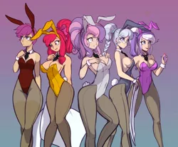 Size: 1280x1057 | Tagged: suggestive, artist:scorpdk, color edit, derpibooru import, edit, editor:deserter, apple bloom, diamond tiara, scootaloo, silver spoon, sweetie belle, human, adorabloom, adorasexy, breast envy, breasts, bunny suit, busty apple bloom, busty diamond tiara, busty silver spoon, busty sweetie belle, cleavage, clothes, colored, cuffs (clothes), cute, cutealoo, cutie mark crusaders, diamondbetes, diasweetes, female, females only, glasses, gradient background, humanized, image, leotard, older, older apple bloom, older diamond tiara, older scootaloo, older silver spoon, older sweetie belle, pantyhose, playboy bunny, playboy bunny apple bloom, playboy bunny diamond tiara, playboy bunny scootaloo, playboy bunny silver spoon, playboy bunny sweetie belle, png, sexy, silverbetes, tan lines