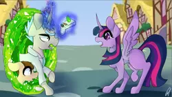 Size: 1334x750 | Tagged: safe, artist:purpleponyarr, derpibooru import, twilight sparkle, twilight sparkle (alicorn), ponified, alicorn, pony, crossover, hilarious in hindsight, morty smith, ponyville, portal, portal gun (rick and morty), rick and morty, rick sanchez