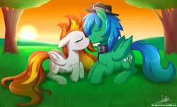 Size: 1860x1120 | Tagged: safe, artist:the-butch-x, derpibooru import, oc, oc:golden rain, oc:swiftnote, unofficial characters only, pegasus, pony, clothes, commission, eyes closed, female, grass, hat, male, mare, oc x oc, prone, scarf, shipping, stallion, straight, sun, sunset, tree