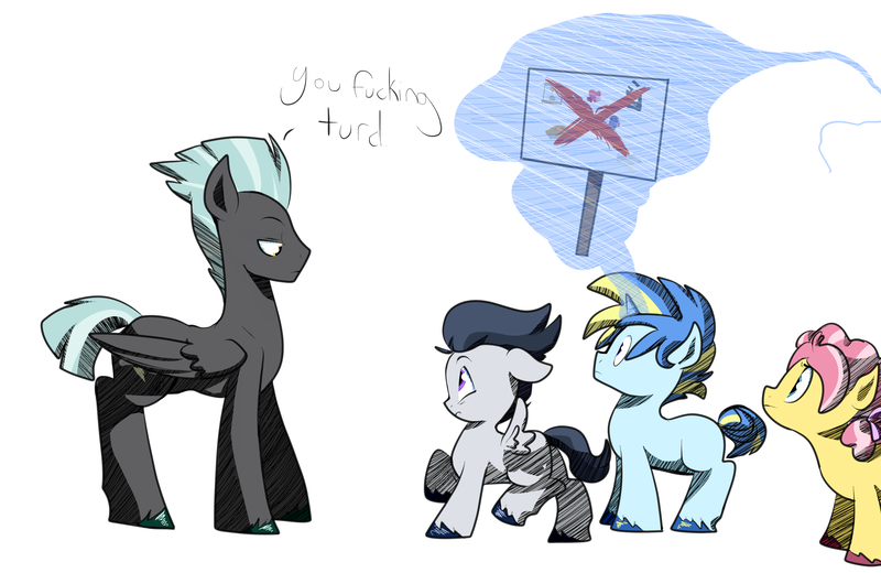 Size: 3256x2115 | Tagged: safe, artist:heyerika, derpibooru import, kettle corn, rumble, skeedaddle, thunderlane, earth pony, pegasus, pony, unicorn, marks and recreation, brothers, colt, dialogue, disappointed, female, filly, looking at each other, magic, male, sign, stallion, telekinesis, unamused, vulgar