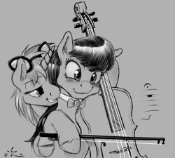 Size: 1000x900 | Tagged: safe, artist:amarynceus, deleted from derpibooru, derpibooru import, octavia melody, vinyl scratch, earth pony, pony, unicorn, biting, blushing, cello, cloven hooves, cute, female, gray background, grayscale, lesbian, mare, monochrome, musical instrument, neck biting, scratchtavia, shipping, simple background, sketch, smiling, sunglasses, tavibetes, unshorn fetlocks