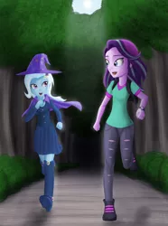 Size: 2080x2792 | Tagged: safe, artist:artemis-polara, derpibooru import, starlight glimmer, trixie, equestria girls, beanie, cape, clothes, commission, female, forest, hat, open mouth, pants, racing, running, tree, trixie's cape, trixie's hat, vest