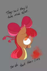 Size: 902x1357 | Tagged: apple bloom, artist:friendlyraccoon, bust, derpibooru import, implied murder, portrait, semi-grimdark, snapple bloom, solo