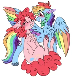 Size: 652x692 | Tagged: safe, artist:wanderingpegasus, derpibooru import, pinkie pie, rainbow dash, earth pony, pegasus, pony, blushing, colored wings, cute, duo, eyes closed, female, lesbian, mare, multicolored wings, pinkiedash, rainbow wings, shipping, simple background, smiling, unshorn fetlocks, white background