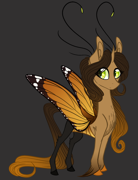 Size: 1000x1300 | Tagged: safe, artist:australian-senior, derpibooru import, oc, oc:aroma, unofficial characters only, butterfly, butterfly pony, flutter pony, original species, pony, antennae, butterfly wings, colored hooves, fae, gray background, realistic horse legs, simple background, solo, unshorn fetlocks