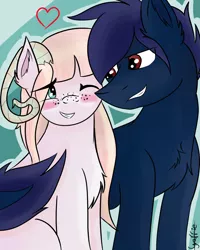 Size: 1600x2000 | Tagged: artist:r0xyr0x, bedroom eyes, blushing, couple, derpibooru import, female, grin, heart, male, mare, oc, safe, shipping, smiling, stallion, unofficial characters only