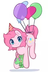 Size: 1080x1620 | Tagged: safe, artist:pinkcappachino, derpibooru import, gummy, pinkie pie, alligator, earth pony, pony, balloon, blush sticker, blushing, cute, diapinkes, floating, hat, looking at you, party hat, simple background, smiling, then watch her balloons lift her up to the sky, white background