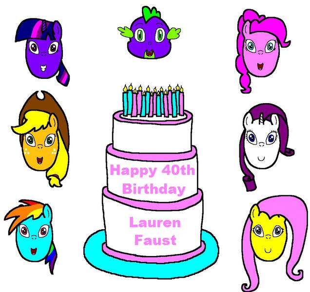 Size: 1212x1144 | Tagged: applejack, artist:samueljcollins1990, birthday, birthday cake, cake, derpibooru import, disembodied head, dragon, fluttershy, food, happy birthday, happy birthday lauren faust, head, lauren faust, mane seven, mane six, pinkie pie, rainbow dash, rarity, safe, simple background, spike, twilight sparkle, white background