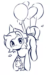 Size: 1080x1620 | Tagged: safe, artist:pinkcappachino, derpibooru import, gummy, pinkie pie, earth pony, pony, balloon, blush sticker, blushing, female, floating, hat, mare, monochrome, party hat, simple background, smiling, then watch her balloons lift her up to the sky, white background