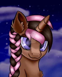 Size: 1024x1273 | Tagged: safe, artist:legenddestroye, derpibooru import, oc, oc:aria, unofficial characters only, pony, unicorn, bust, female, mare, night, portrait, solo, watermark