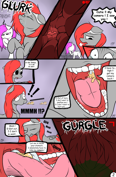 Size: 6500x9900 | Tagged: questionable, artist:azerta56, derpibooru import, oc, oc:cutie dash, oc:mystery hyperpurple, oc:thalys parkleton, unofficial characters only, earth pony, pegasus, pony, comic:camera's trip, absurd resolution, accidental vore, camera, camera shot, comic, dialogue, female, fetish, internal, macro, mawshot, micro, mouthplay, mystie, onomatopoeia, open mouth, soft vore, stomach, stomach acid, stomach noise, swallowing, text, tongue play, trio, unwilling predator, uvula, vore