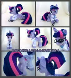 Size: 1544x1696 | Tagged: safe, artist:shindeeru, derpibooru import, sci-twi, twilight sparkle, twilight sparkle (alicorn), alicorn, pony, clothes, female, glasses, irl, lab coat, mare, photo, plushie, scitwilicorn, solo, traditional art