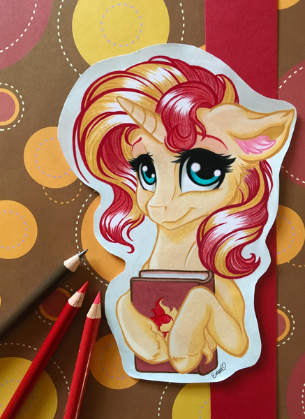 Size: 2812x3860 | Tagged: safe, artist:emberslament, artist:gaelledragons, derpibooru import, sunset shimmer, pony, unicorn, book, collaboration, colored pencil drawing, craft, cute, female, floppy ears, looking at you, mare, photo, shimmerbetes, smiling, solo, traditional art, unshorn fetlocks