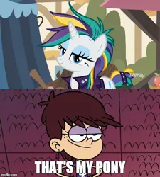 Size: 500x556 | Tagged: safe, derpibooru import, edit, edited screencap, screencap, rarity, pony, unicorn, it isn't the mane thing about you, alternate hairstyle, female, image macro, luna loud, mare, meme, raripunk, solo, that's my pony, that's my x, the loud house