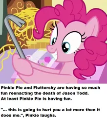 Size: 640x729 | Tagged: batman, crowbar, derpibooru import, implied flutterbuse, implied fluttershy, it isn't the mane thing about you, jason todd, pinkie joker, pinkie pie, ponestrip, semi-grimdark, spoilers for another series, the joker