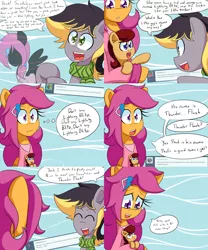 Size: 2000x2400 | Tagged: safe, artist:jake heritagu, derpibooru import, scootaloo, oc, oc:aero, oc:lightning blitz, pegasus, pony, comic:ask motherly scootaloo, ask, baby, baby pony, clothes, colt, comic, dialogue, hairpin, male, motherly scootaloo, offspring, parent:derpy hooves, parent:oc:warden, parent:rain catcher, parent:scootaloo, parents:canon x oc, parents:catcherloo, parents:warderp, scarf, speech bubble, sweatshirt