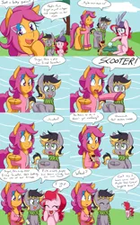 Size: 2000x3200 | Tagged: safe, artist:jake heritagu, derpibooru import, scootaloo, oc, oc:aero, oc:lightning blitz, oc:sugar surprise, earth pony, pegasus, pony, comic:ask motherly scootaloo, :3, baby, baby pony, blank flank, cat smile, clothes, colt, comic, crystal ball, dialogue, female, filly, fortune teller, hairpin, holding a pony, male, motherly scootaloo, offspring, older, older scootaloo, parent:derpy hooves, parent:oc:warden, parent:pinkie pie, parent:rain catcher, parent:scootaloo, parent:unknown, parents:canon x oc, parents:catcherloo, parents:warderp, scarf, shipper on deck, speech bubble, sweatshirt, turban