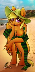 Size: 600x1230 | Tagged: anthro, artist:jackajack21, beach, blushing, breasts, cleavage, clothes, derpibooru import, female, flower, hat, looking at you, mare, oc, real life background, smiling, solo, solo female, suggestive, unguligrade anthro, unofficial characters only