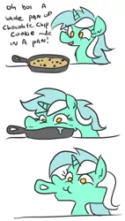 Size: 424x745 | Tagged: safe, artist:jargon scott, derpibooru import, lyra heartstrings, pony, unicorn, cartoon physics, chocolate chips, comic, cookie, department of redundancy department, dialogue, drool, eating, food, frying pan, impossible fit, l.u.l.s., simple background, solo, white background