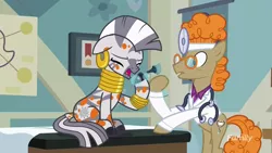 Size: 1280x720 | Tagged: safe, derpibooru import, screencap, doctor muffin top, zecora, earth pony, pony, zebra, a health of information, bubble, coughing, discovery family logo, ear piercing, earring, female, jewelry, leg rings, male, mare, neck rings, piercing, sick, spots, stallion, stethoscope, swamp fever