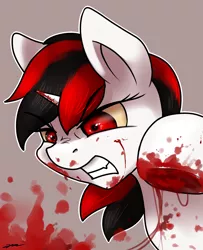Size: 1300x1600 | Tagged: semi-grimdark, artist:gasmaskfox, derpibooru import, oc, oc:blackjack, unofficial characters only, pony, unicorn, fallout equestria, fallout equestria: project horizons, fanfic, blackjack punches things, blood, fanfic art, female, gritted teeth, hooves, horn, mare, solo