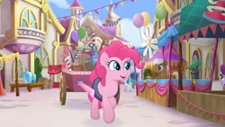 Size: 1777x1000 | Tagged: safe, derpibooru import, screencap, mochaccino, pinkie pie, rare find, unnamed character, unnamed pony, earth pony, pony, my little pony: the movie, balloon, canterlot, canterlot shopkeep, cart, cute, diapinkes, female, male, mare, open mouth, stallion