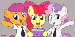 Size: 1000x500 | Tagged: safe, artist:empyu, derpibooru import, apple bloom, scootaloo, sweetie belle, earth pony, pegasus, pony, unicorn, book, clothes, cutie mark crusaders, gray background, hoof hold, looking at you, mormons, necktie, shirt, simple background, smiling, the book of mormon, trio