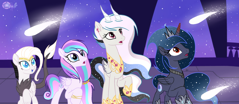 Size: 2433x1067 | Tagged: safe, artist:velveagicsentryyt, derpibooru import, oc, oc:chryssa, oc:moonlight sonata, oc:mysterilestia, oc:soft skills, unofficial characters only, alicorn, draconequus, hybrid, pony, interspecies offspring, night, offspring, parent:discord, parent:fluttershy, parent:princess celestia, parents:discoshy, parents:dislestia