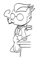 Size: 600x900 | Tagged: safe, anonymous artist, derpibooru import, rumble, ponified, pegasus, pony, marks and recreation, anarchism, anarchy, bipedal, bipedal leaning, black and white, cigarette, clothes, colt, egoist anarchism, glasses, grayscale, leaning, male, max stirner, monochrome, simple background, smiling, smoking, smug, solo, spook, spread wings, underhoof, white background, wings