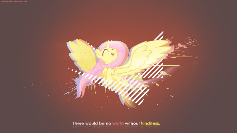 Size: 1920x1080 | Tagged: safe, artist:sammymlp, artist:utahraptorz-poniez, derpibooru import, edit, fluttershy, alicorn, pony, female, flying, happy, mare, paint splatter, quote, race swap, simple background, smiling, solo, vector, wallpaper, wallpaper edit