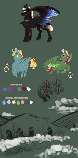 Size: 4397x8864 | Tagged: semi-grimdark, artist:vindhov, derpibooru import, oc, oc:general valor, unofficial characters only, dragon, pegasus, pony, absurd resolution, blood, colored wings, covered in scars, female, green background, headcanon, hoof blades, male, mare, scar, simple background, stallion