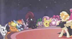 Size: 1620x867 | Tagged: safe, derpibooru import, applejack, fluttershy, pinkie pie, rainbow dash, rarity, songbird serenade, spike, tempest shadow, twilight sparkle, twilight sparkle (alicorn), alicorn, dragon, earth pony, pegasus, pony, unicorn, my little pony: the movie, bipedal, broken horn, cute, eyes closed, female, freckles, grin, headworn microphone, hidden eyes, hoof shoes, horn, leaning, male, mane seven, mane six, mare, my little pony the movie: adventure awaits, open mouth, smiling, spread wings, underhoof, whistling, wide eyes, wings