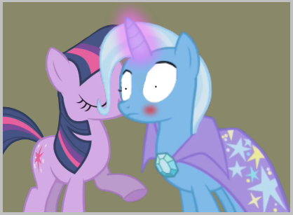 Size: 418x307 | Tagged: artist:navitaserussirus, cropped, derpibooru import, female, hornboner, kissing, lesbian, safe, shipping, trixie, twilight sparkle, twixie