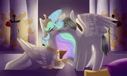 Size: 2560x1536 | Tagged: safe, derpibooru import, princess celestia, oc, oc:light knight, alicorn, pegasus, pony, canon x oc, kissing, lightestia