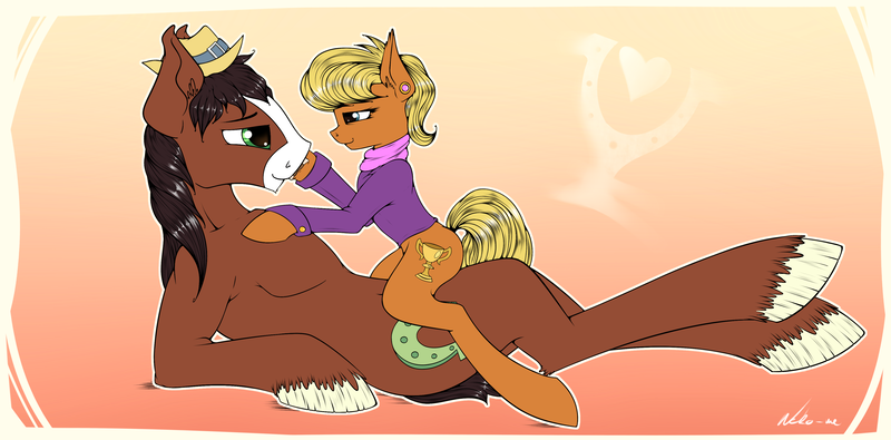 Size: 4000x1976 | Tagged: safe, artist:neko-me, derpibooru import, ms. harshwhinny, trouble shoes, earth pony, pony, commission, crack shipping, eye contact, female, looking at each other, male, shipping, smiling, straight, troublewhinny
